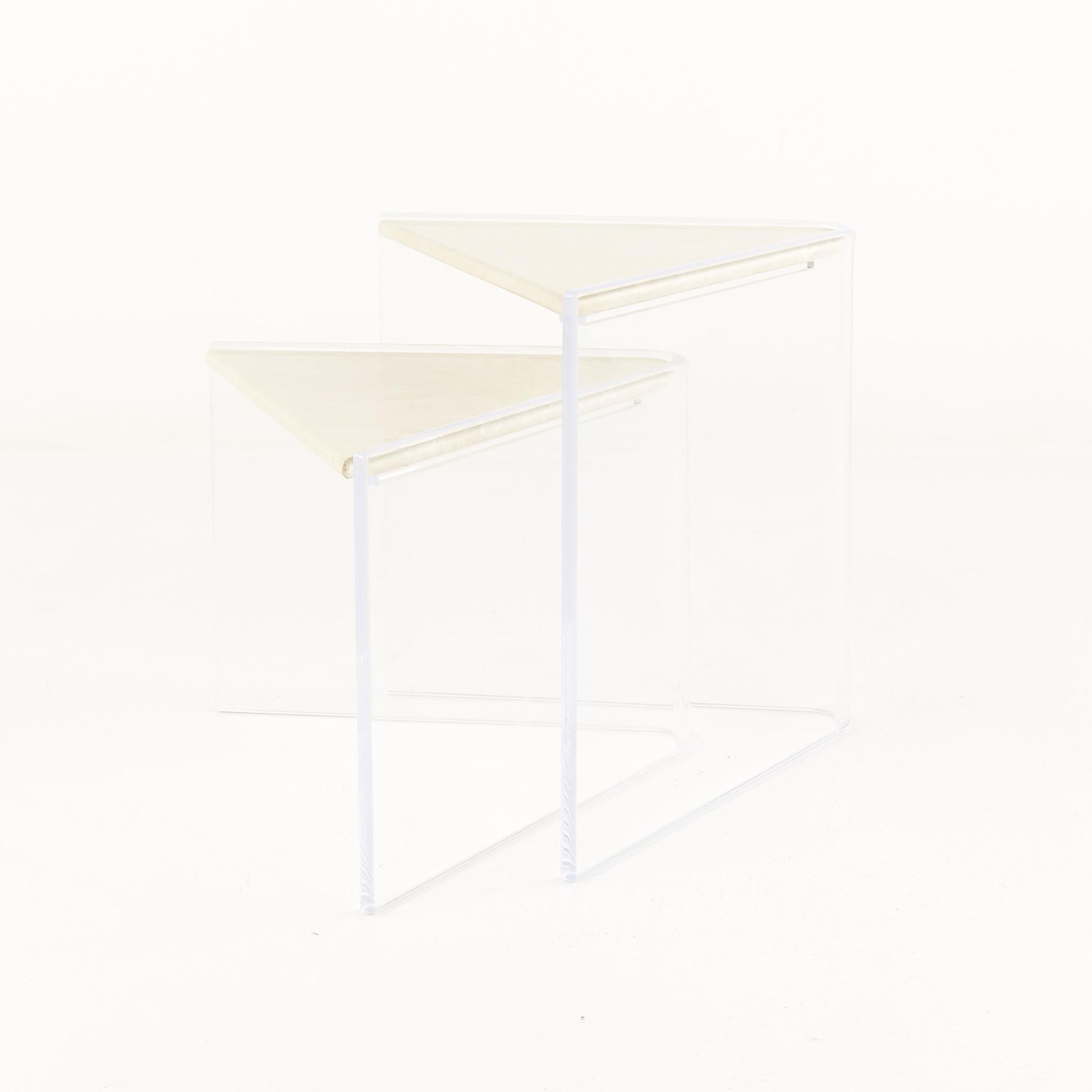 Mid-Century Modern Enrique Garcel MCM Lucite Travertine Marble 2 Piece Triangular Nesting Tables