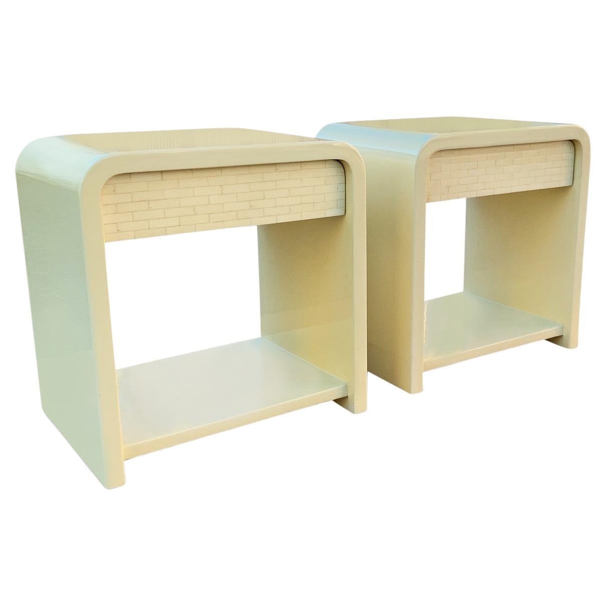 Enrique Garcel Pair Lacquer & Bone Side or End Tables, Night Stands Mid-Century