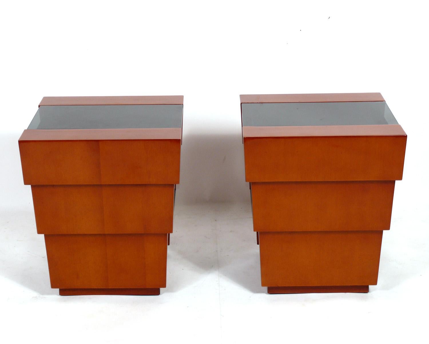 Mid-Century Modern Enrique Garcel Pair of Elegant Stepped End Tables or Night Stands For Sale
