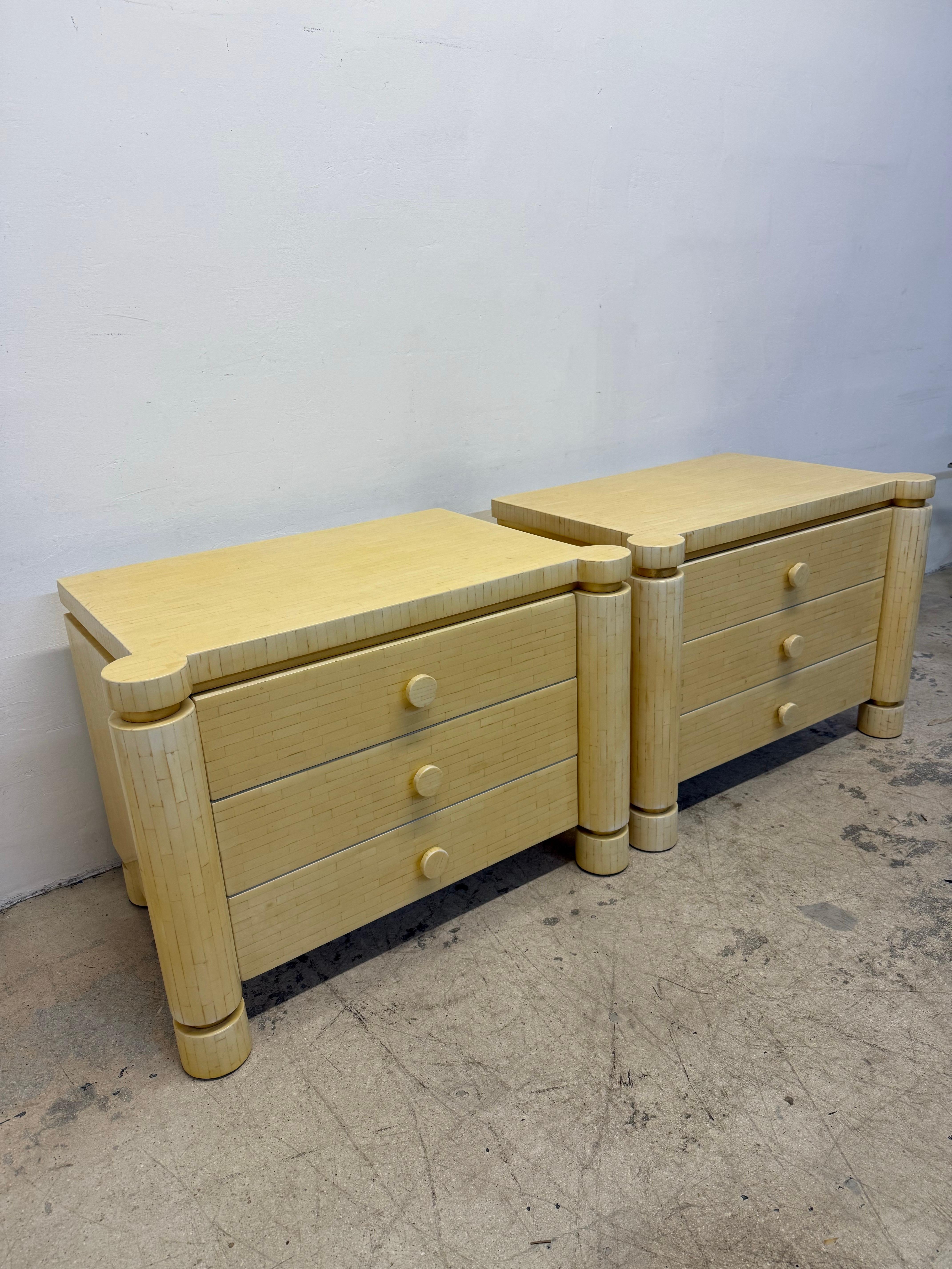 Pair of mid-century tessellated bone nightstands for Jimeco circa 1970s.  Maintains Jimeco made in Colombia labels.