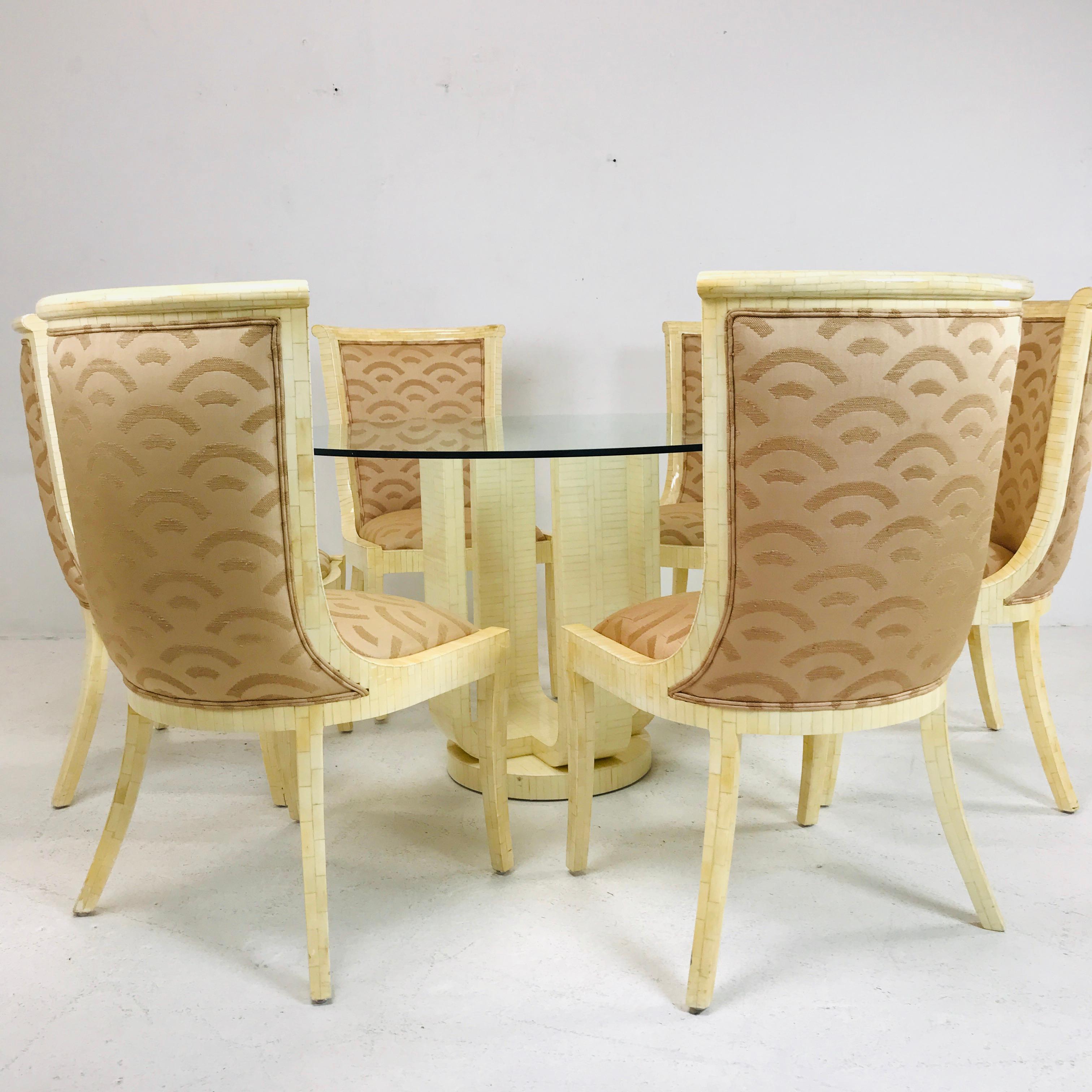 1980's Enrique Garcel tessellated bone pedestal dining table with glass top. Base measures 20