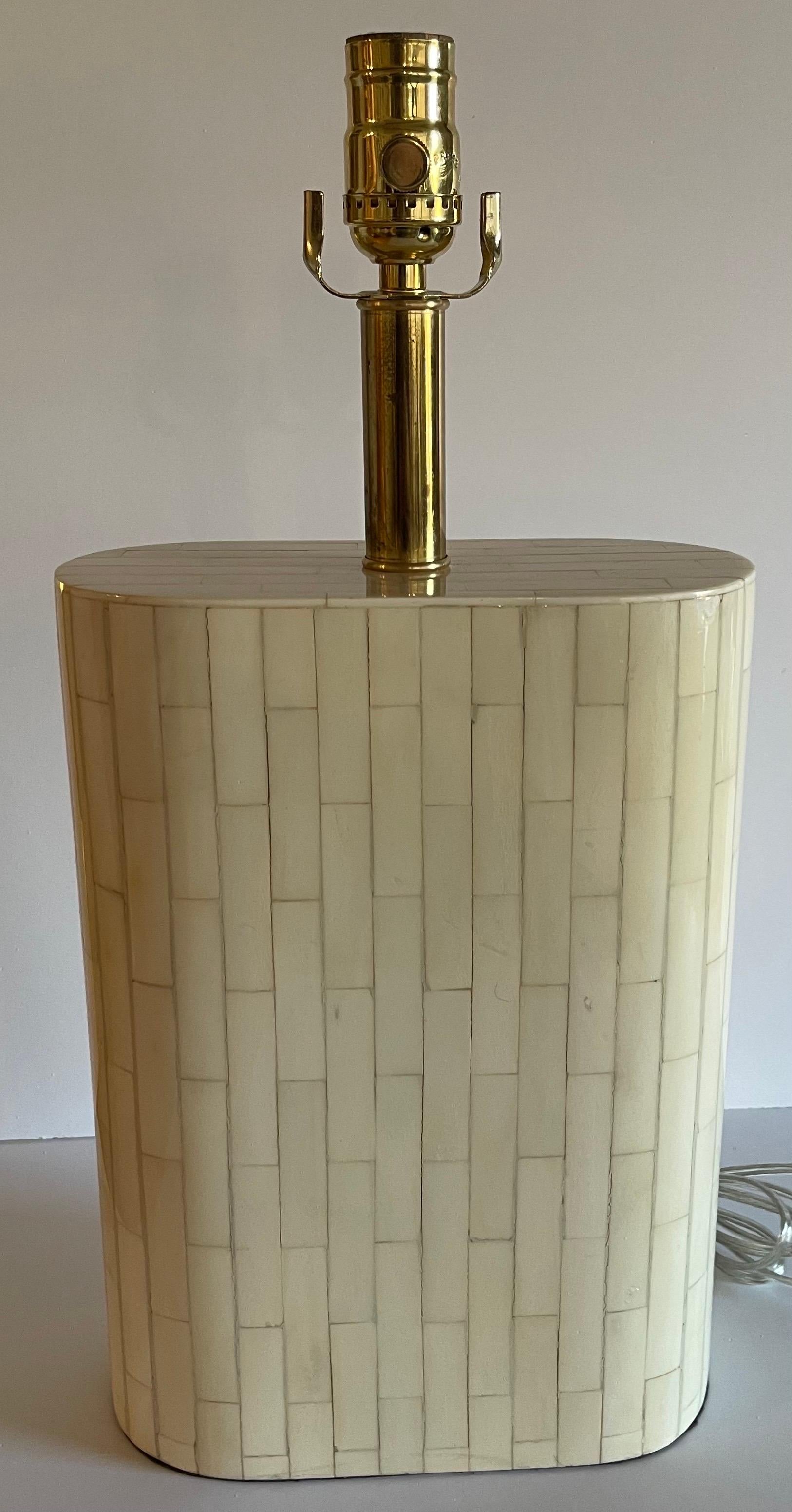 1970s Enrique Garcel tessellated bone lamp. Oval shaped lamp with tessellated bone tiles. Newly rewired with new brass fittings and socket. Lamp takes one standard bulb (not included)). Lampshade is not included.