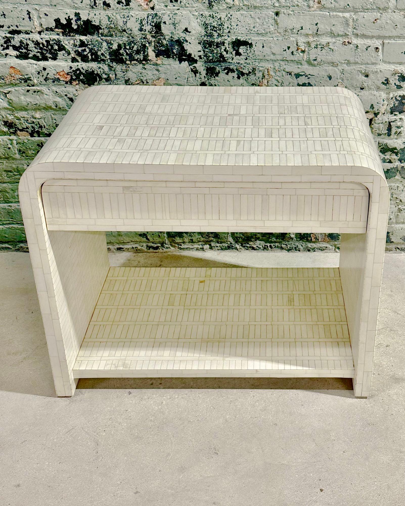 Enrique Garcel Tessellated Bone Side/End Table, 1970. Table has been completely restored and in beautiful condition.

