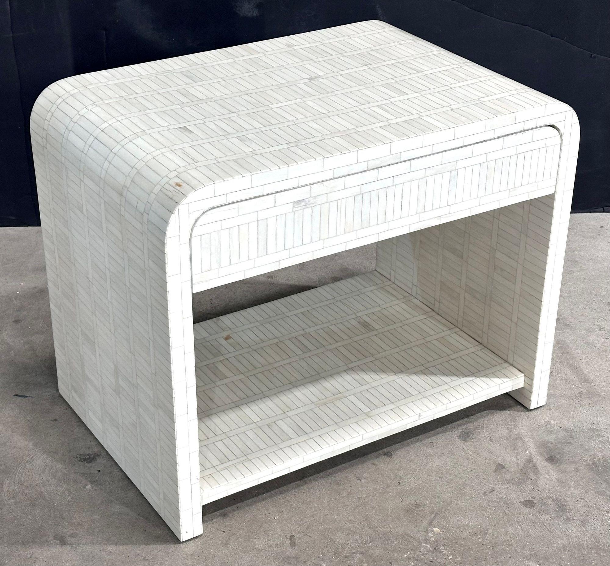 Enrique Garcel Tessellated Bone Side/End Table, 1970.  Table has been completely restored and in beautiful condition.

