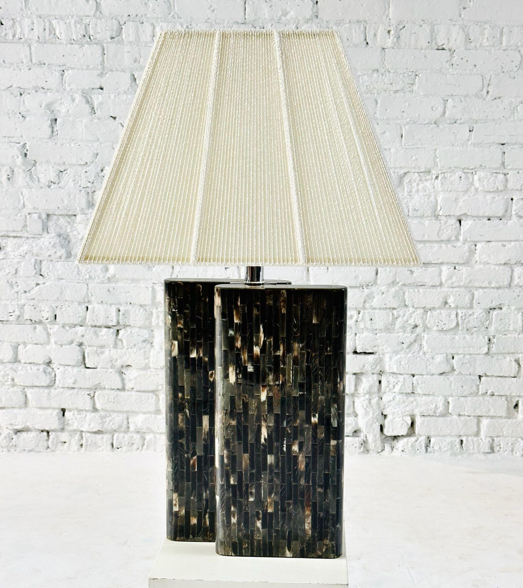 Enrique Garcel Tessellated Horn Table Lamp, 1970’s.  Original beautiful condition.  String  Lamp shade included.
Measures 34” tall to finial, base 18” tall 12” wide 4” deep