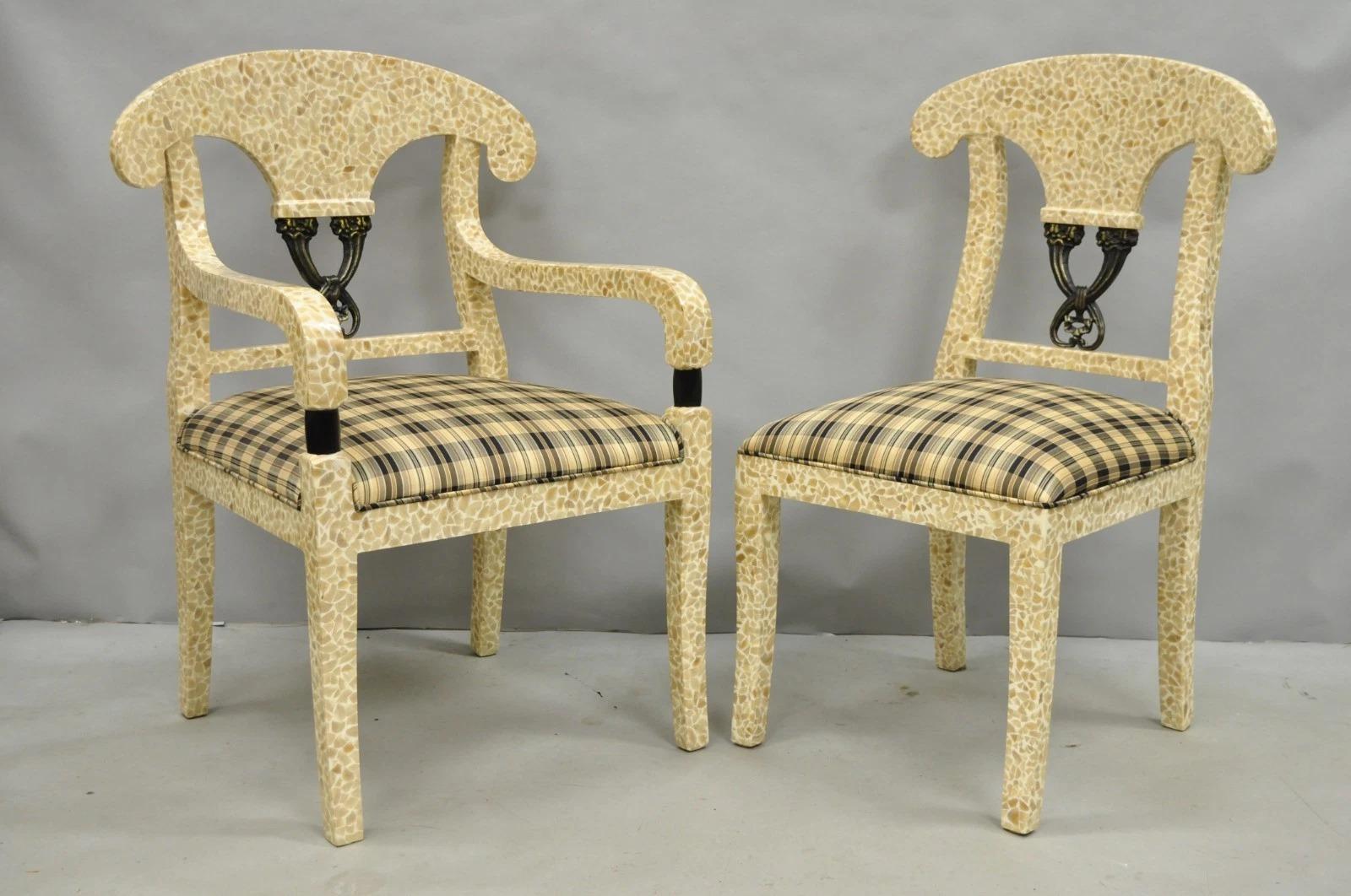 Please message us with your zip code to request a more reasonable domestic U.S. shipping quote.

Vintage Enrique Garcel Tessellated Stone Inlay Regency Style Dining Chairs - Set of 6. Listing includes (2) Armchairs, (4) Side chairs, saber legs,