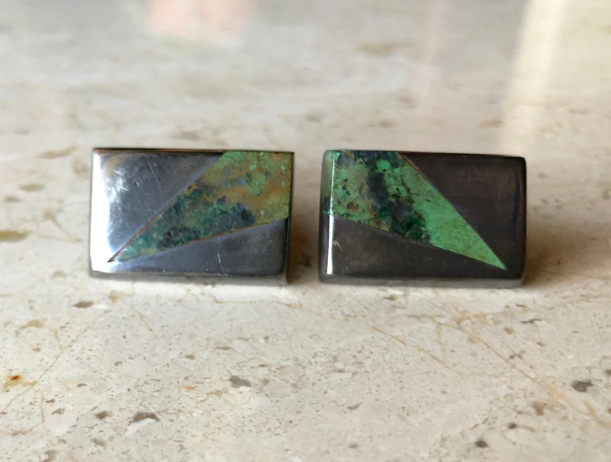 Enrique Ledesma Mexican Modernist Jade Sterling Silver Cufflinks In Good Condition In Palm Springs, CA