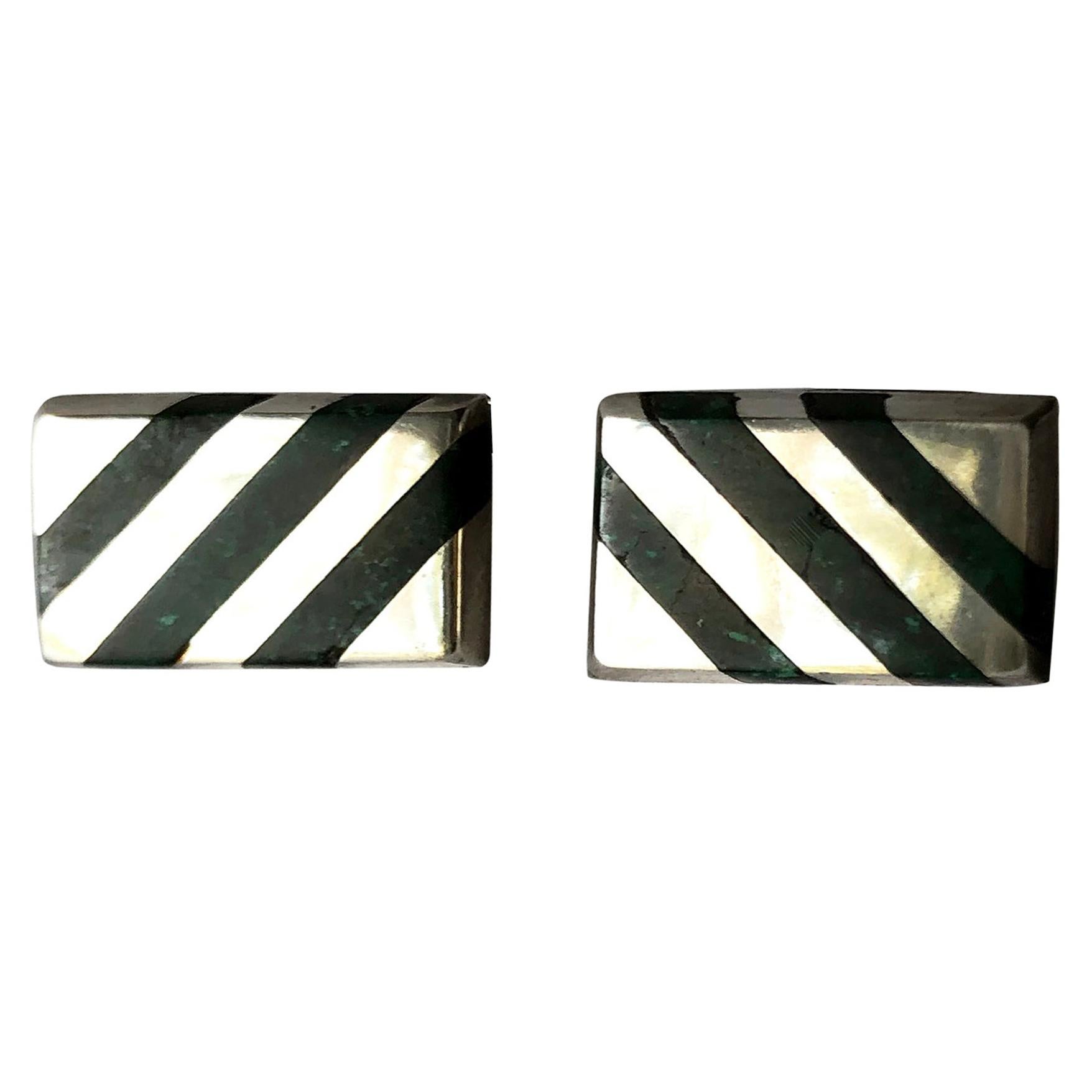 Enrique Ledesma Mexican Modern Sterling Silver Green Malachite Striped Cufflinks
