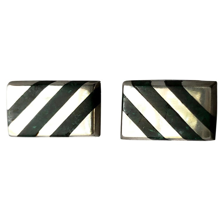 Enrique Ledesma Mexican Modern Sterling Silver Green Malachite Striped Cufflinks For Sale