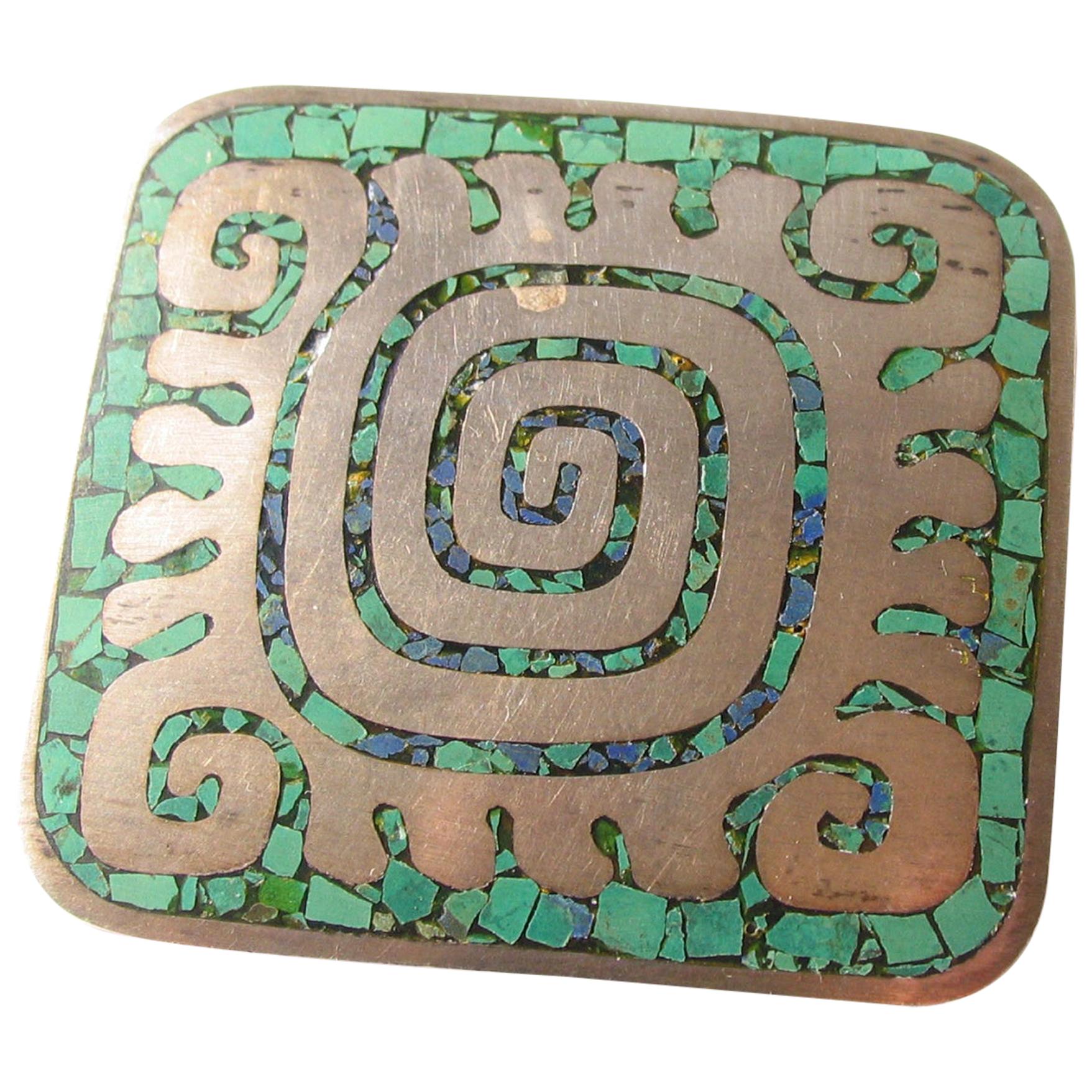 Enrique Ledesma Mexican Silver & Turquoise Aztec Labyrinth Pin 