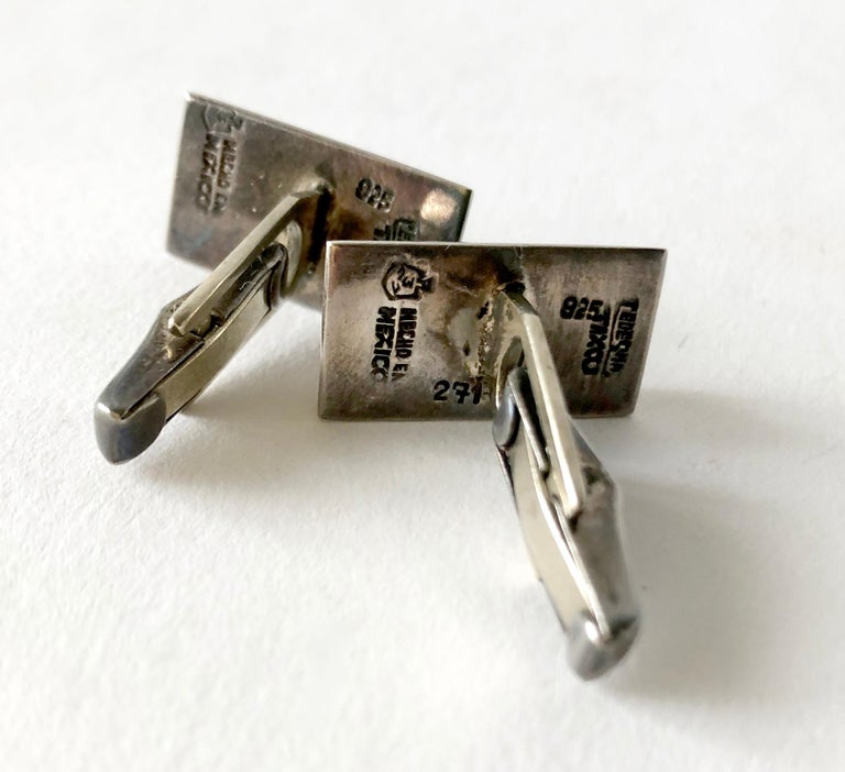 Enrique Ledesma Sterling Silver Mexican Modernist Agate Cufflinks In Good Condition For Sale In Los Angeles, CA