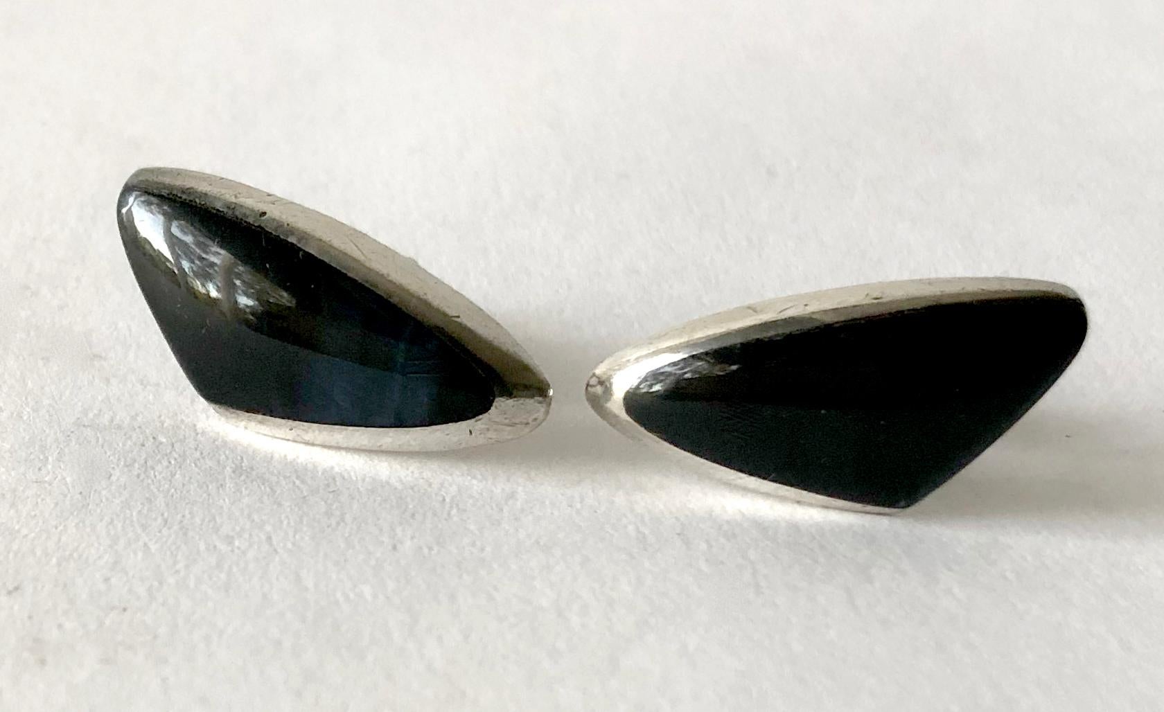 Enrique Ledesma Sterling Silver Obsidian Mexican Modernist Cufflinks In Good Condition In Palm Springs, CA
