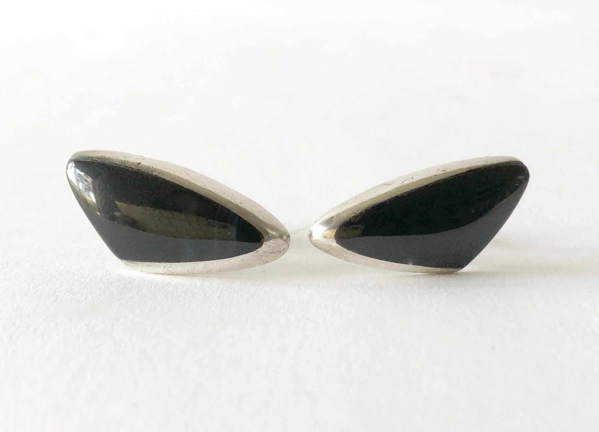 Women's or Men's Enrique Ledesma Sterling Silver Obsidian Mexican Modernist Cufflinks