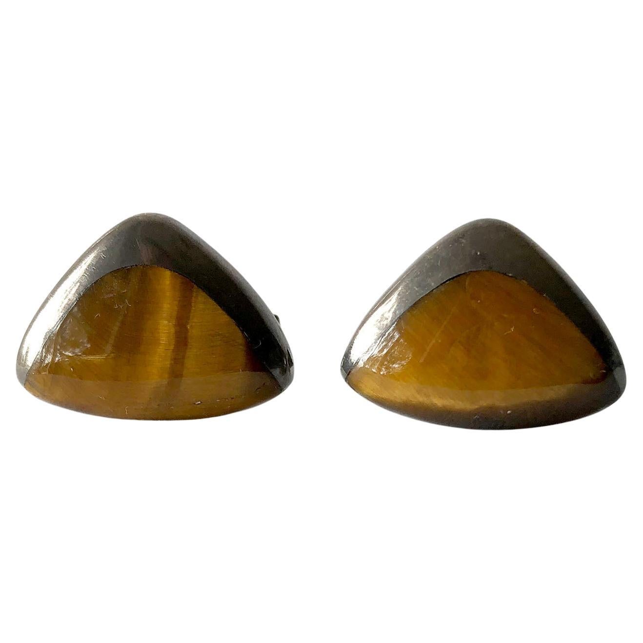 Enrique Ledesma Sterling Silver Tigers Eye Mexican Modernist Cufflinks For Sale