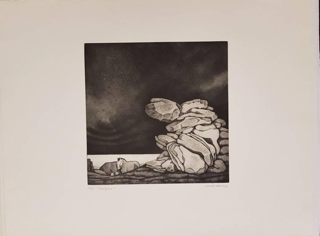 Enrique Marin Figurative Print – Vignonfarbener Couchtisch