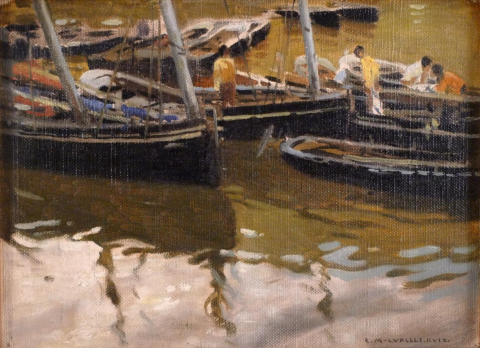 "Preparing for fishing", 19th Century oil on canvas by E. Martínez Cubells 