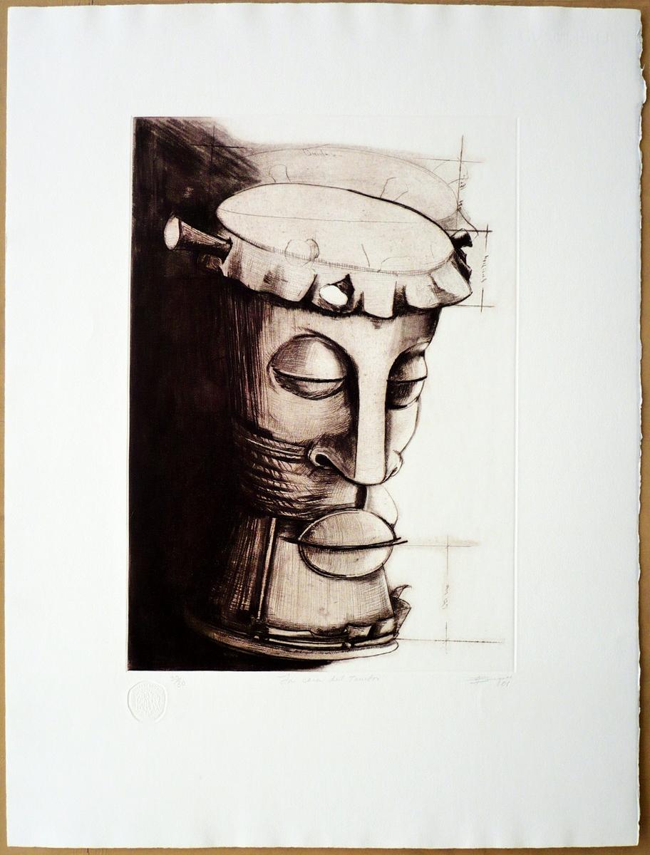 Figurative Print di Enrique Martínez Guillén - Enrique Martinez Guillen, ¨La cara del tambor¨, 2001, Puntasecca, 25,6x19,3 pollici