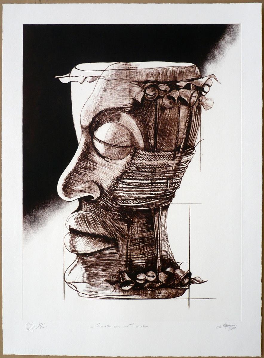 Enrique Martinez Guillen, ¨La otra cara del tambor¨, 2006 Drypoint, 25.6x19.3 in - Print by Enrique Martínez Guillén