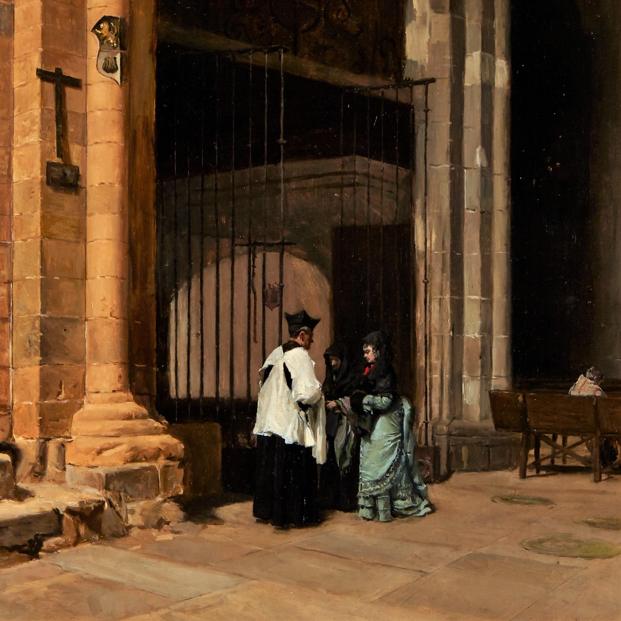 Enrique MÉLIDA   Figurative Painting - Interior of church Oil on panel - Enrique MÉLIDA (1838 – 1892) 