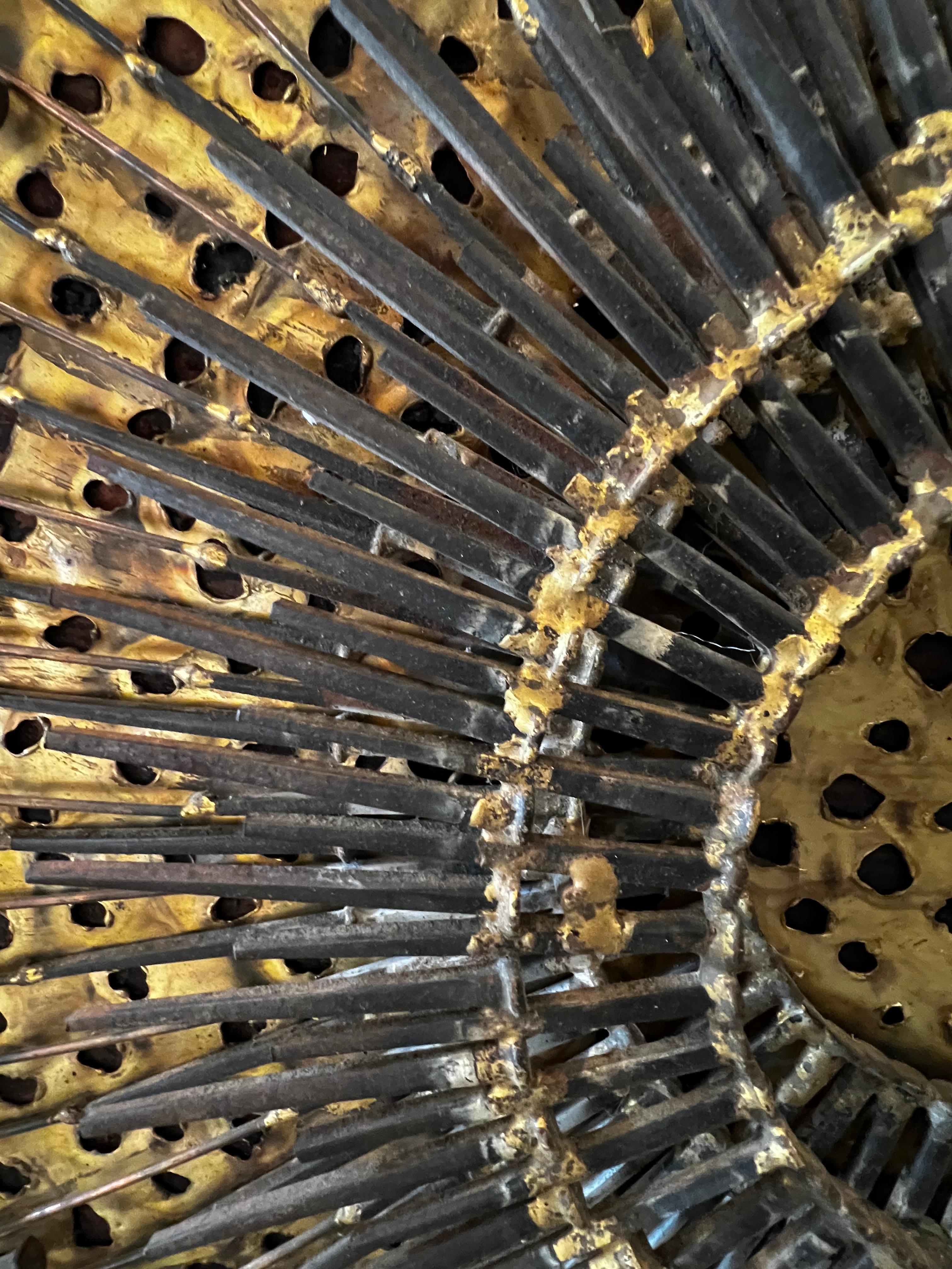 Hand-Crafted Enrique Parker Mid Century Brutalist Mixed Metal Sunburst Wall Sculpture Signed