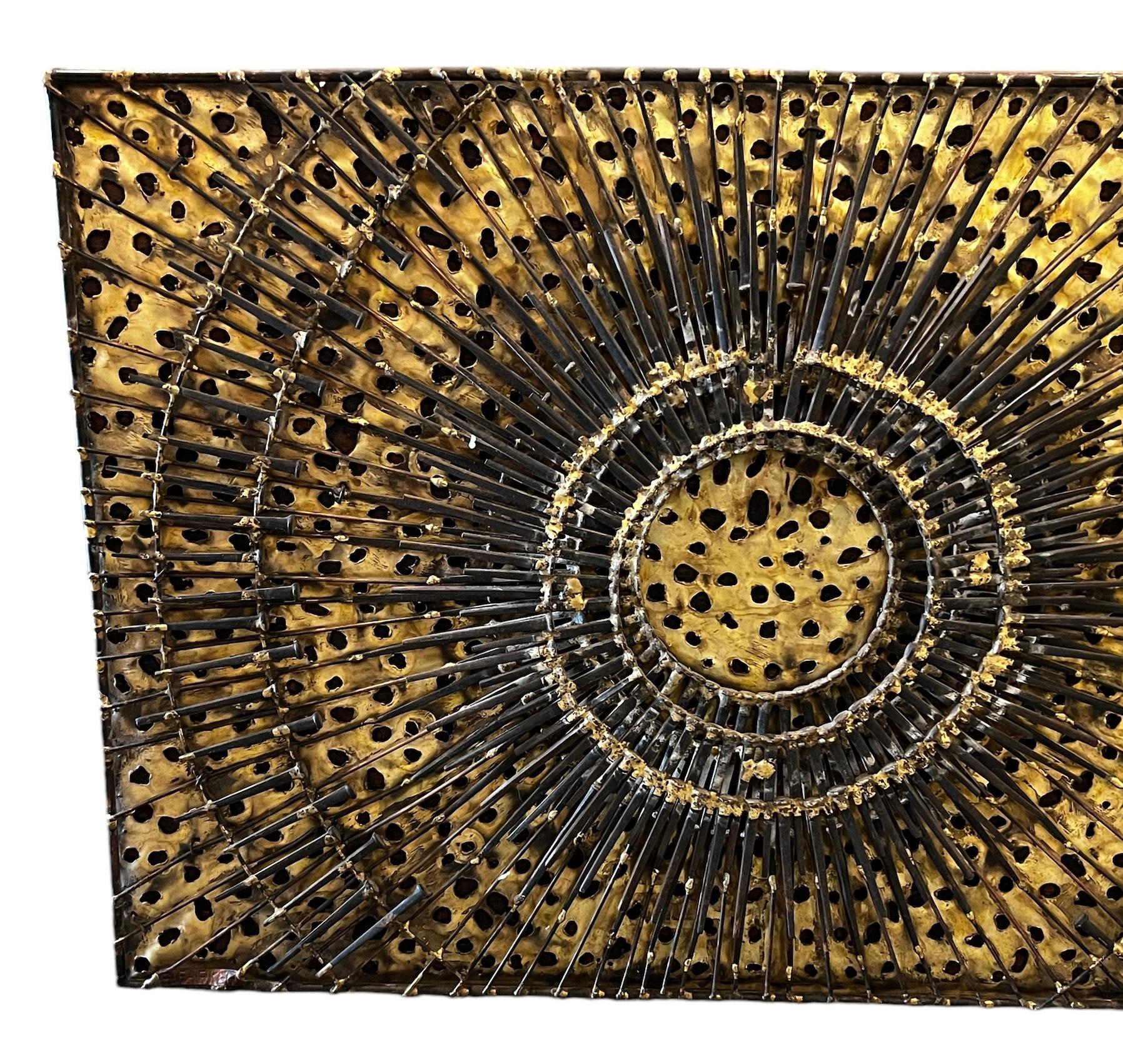 Enrique Parker Mid Century Brutalist Mixed Metal Sunburst Wall Sculpture Signed 1