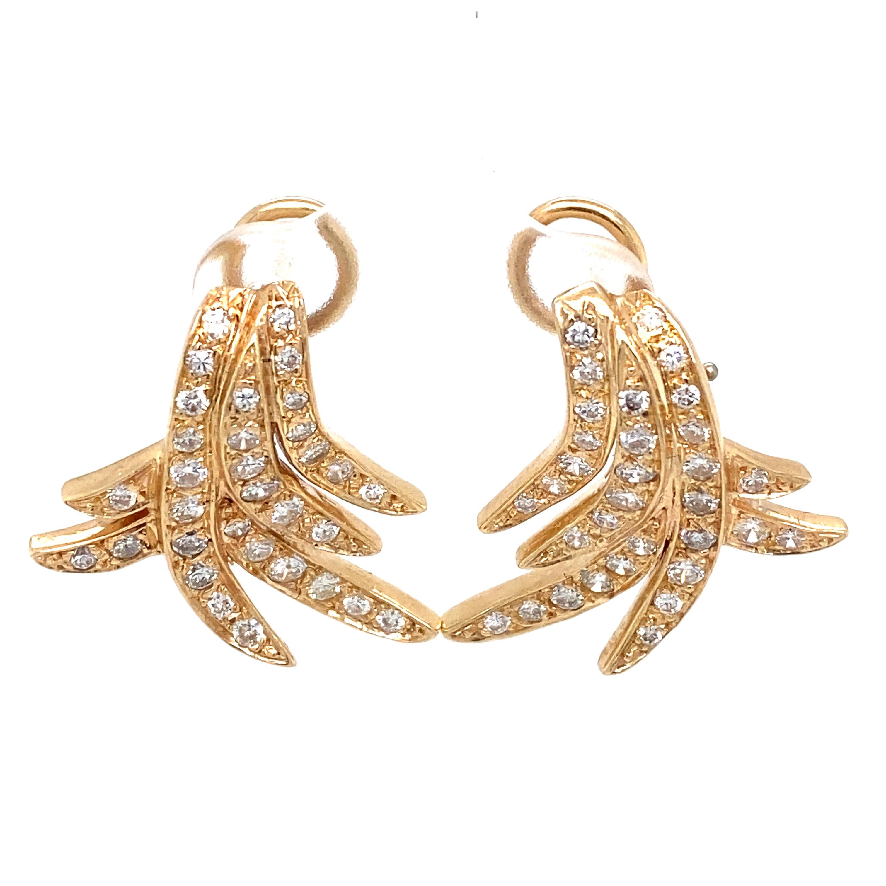 Item Details: These unique earrings are by artist Enrique Pascual and are signed. They have a feather design with round diamonds, and the backs are omega clips. 

Circa: 2000s
Metal Type: 14 Karat Gold
Weight: 10.4 grams
Size: 1 inch Length