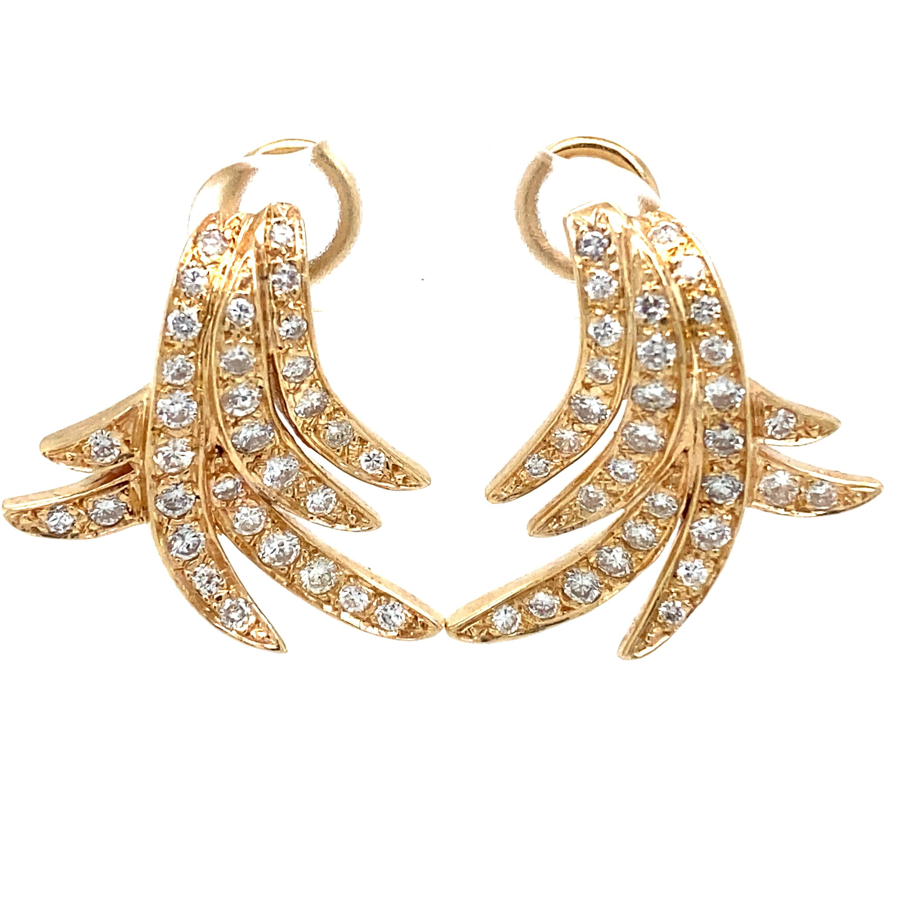 Modern Enrique Pascual Diamond Feather Earrings in 14 Karat Yellow Gold For Sale
