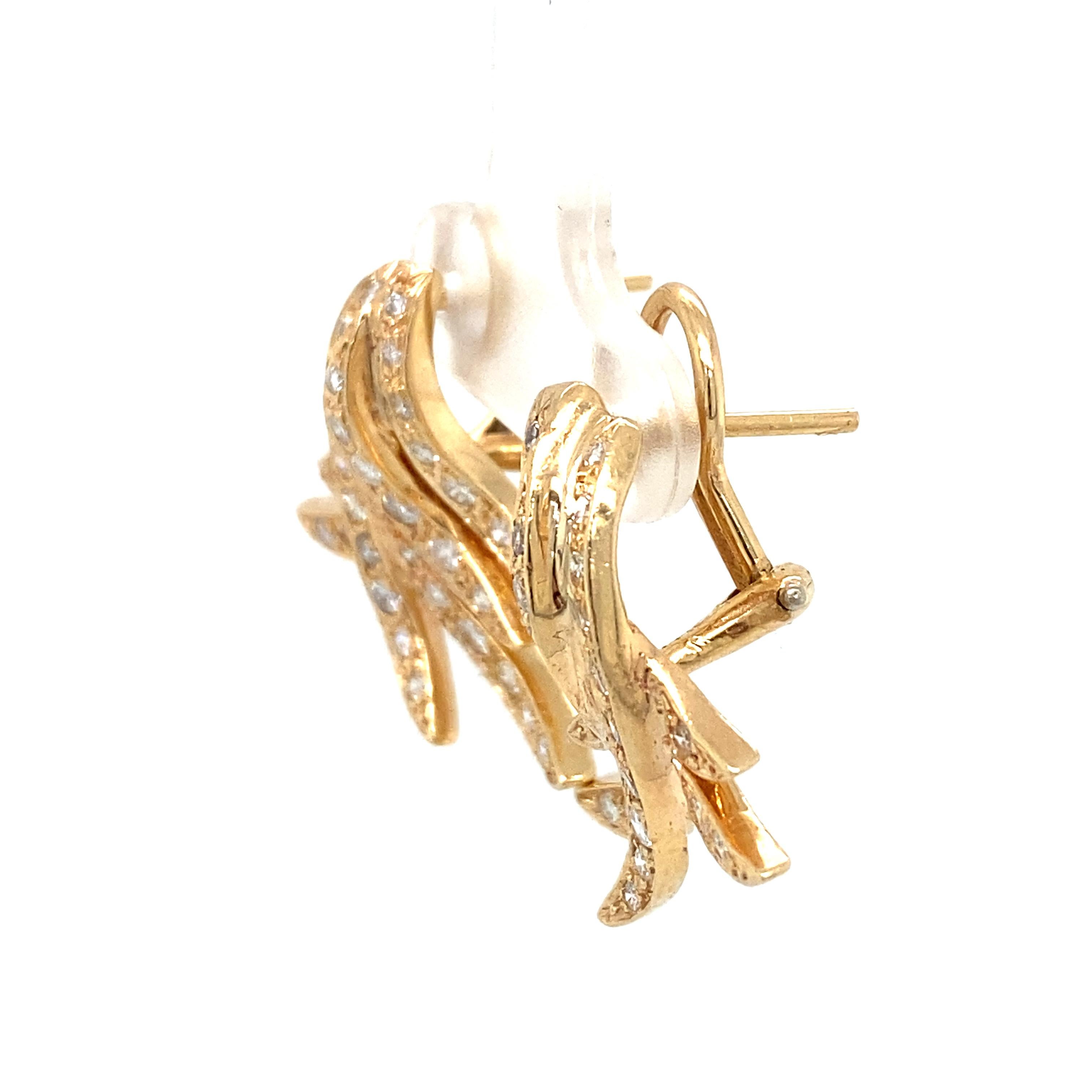 Women's or Men's Enrique Pascual Diamond Feather Earrings in 14 Karat Yellow Gold For Sale