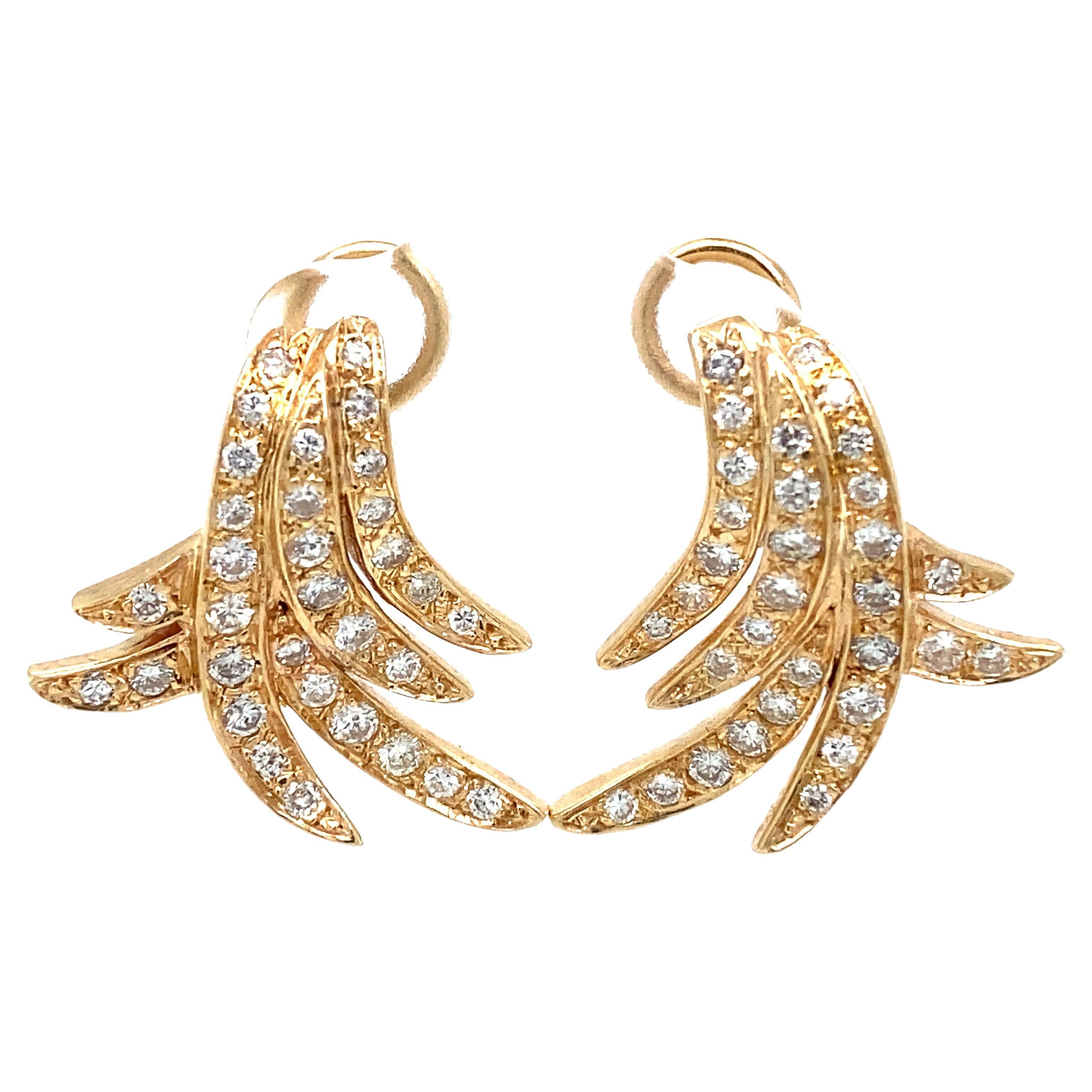 Enrique Pascual Diamond Feather Earrings in 14 Karat Yellow Gold For Sale