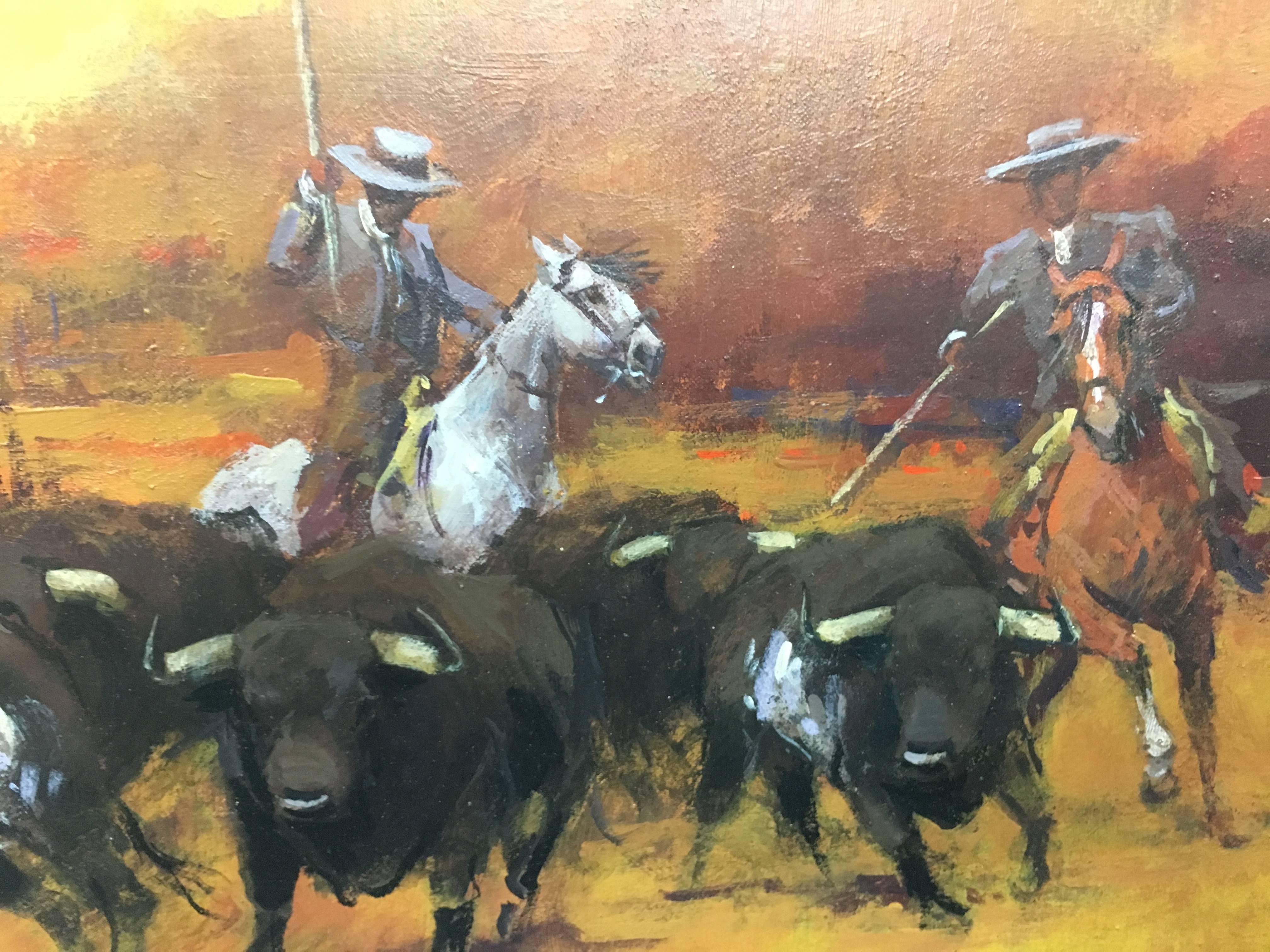 Bulls in the  Field origial realist acrylic canvas painting - Painting by Enrique Pastor