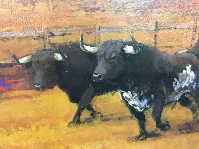 Bulls in the  Field origial realist acrylic canvas painting - Brown Landscape Painting by Enrique Pastor