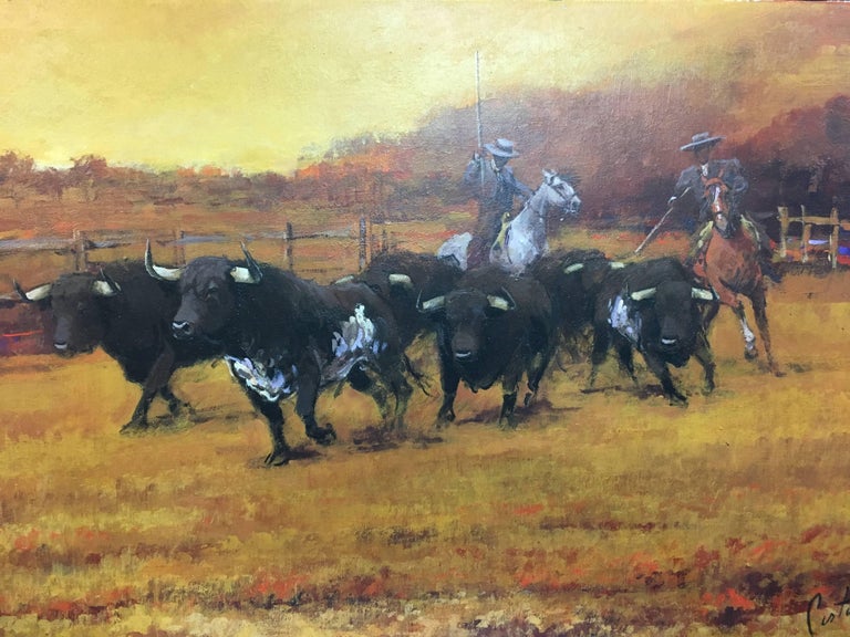 Bulls in the  Field origial realist acrylic canvas painting For Sale 1