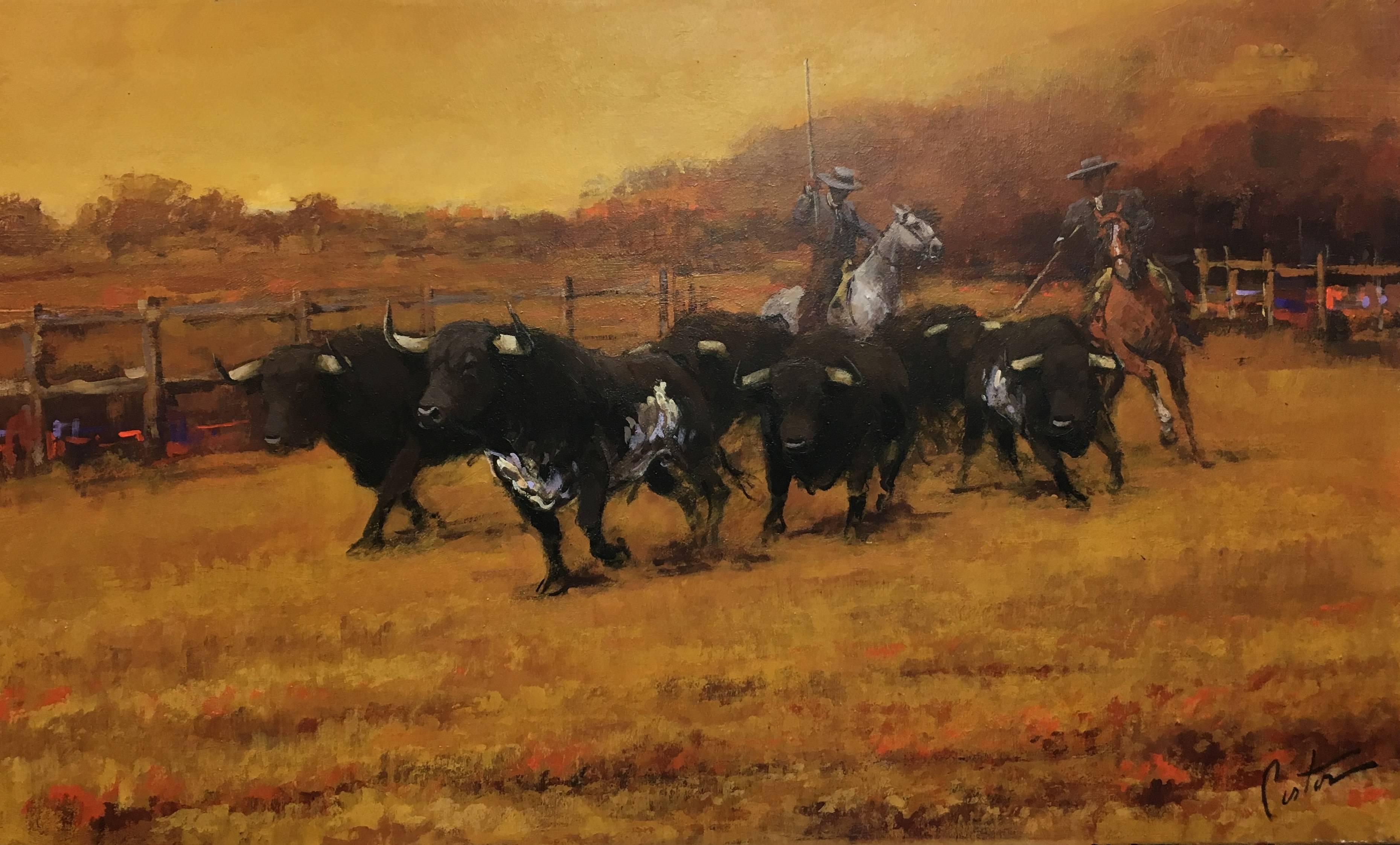 Enrique Pastor Figurative Painting - Bulls in the  Field origial realist acrylic canvas painting