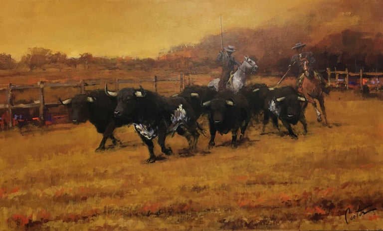Bulls in the  Field origial realist acrylic canvas painting - Painting by Enrique Pastor