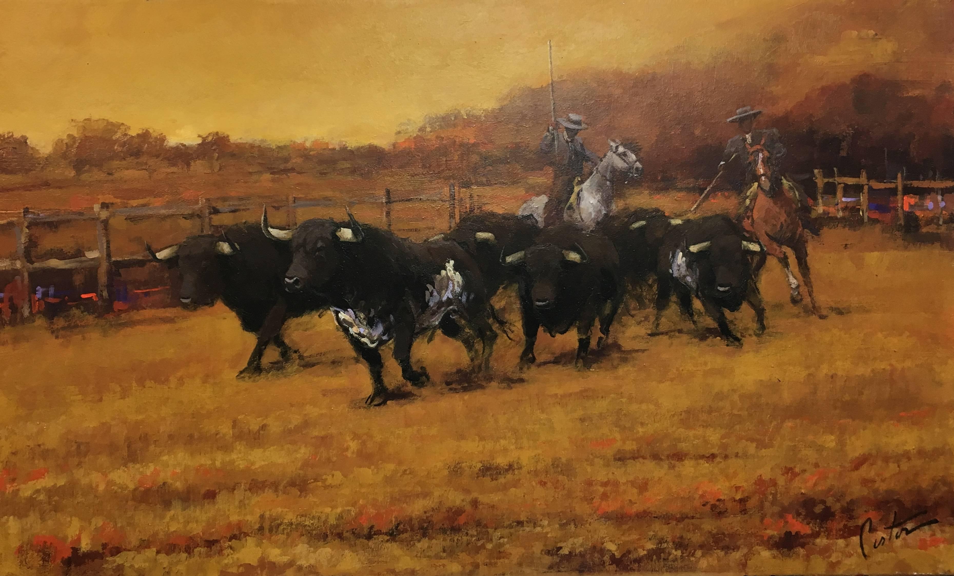 Enrique Pastor  Bulls in the  Field original  acrylic canvas painting For Sale 1