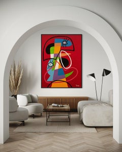 Colorful Cubist Portrait Red Contemporary Mexican Figurative Abstract Painting