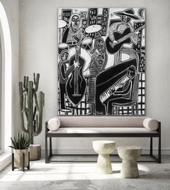 Large Black and White Figurative Painting of Musicians by Enrique Pichardo