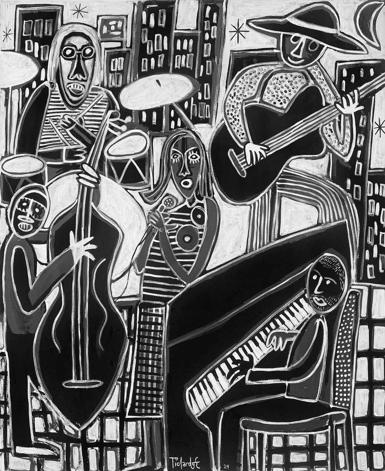 Grande dipinto figurativo in bianco e nero di Enrique Pichardo raffigurante dei musicisti