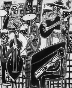 Grande dipinto figurativo in bianco e nero di Enrique Pichardo raffigurante dei musicisti