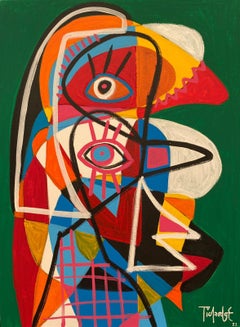 Green Face And Pink Face, Contemporary Art, Abstract Painting, 21st Century