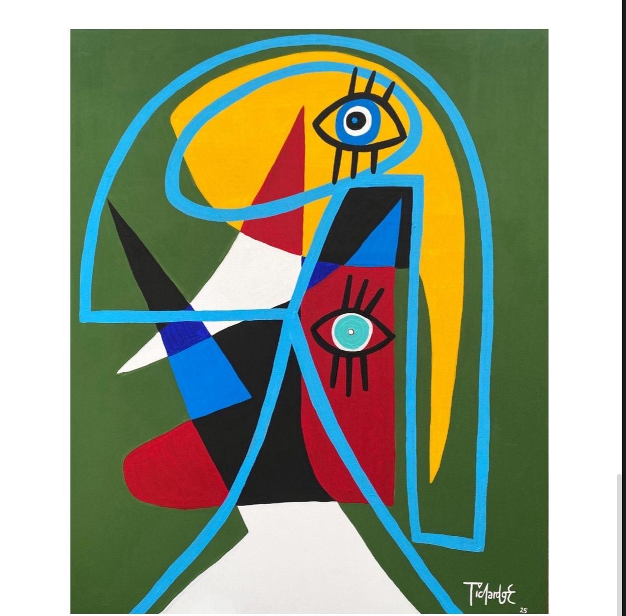 This contemporary figurative painting by Enrique Pichardo stands out for its bold graphic language and unmistakable presence. Constructed through strong geometric shapes, vivid color blocks, and confident line work, the stylized portrait feels