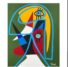 Grande dipinto figurativo astratto colorato di un volto di Enrique Pichardo