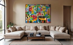 Large Colorful Abstract Figurative Painting with Bold Geometric Forms by Enrique