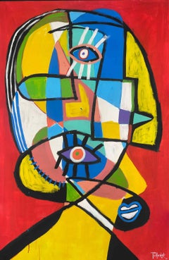 Large Enrique Pichardo Bold Cubist Portrait Painting in Red, Blue and Yellow