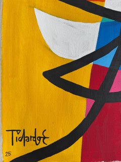 Large Enrique Pichardo Bold Cubist Portrait Painting in Yellow, Blue and Red