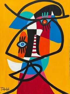 Large Enrique Pichardo Bold Cubist Portrait Painting in Yellow, Blue and Red