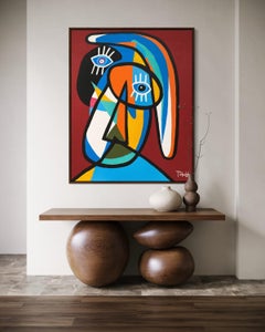 Large Modern Figurative Portrait Painting with Bold Color on Burgundy Background
