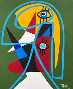 Grande dipinto figurativo astratto colorato di un volto di Enrique Pichardo