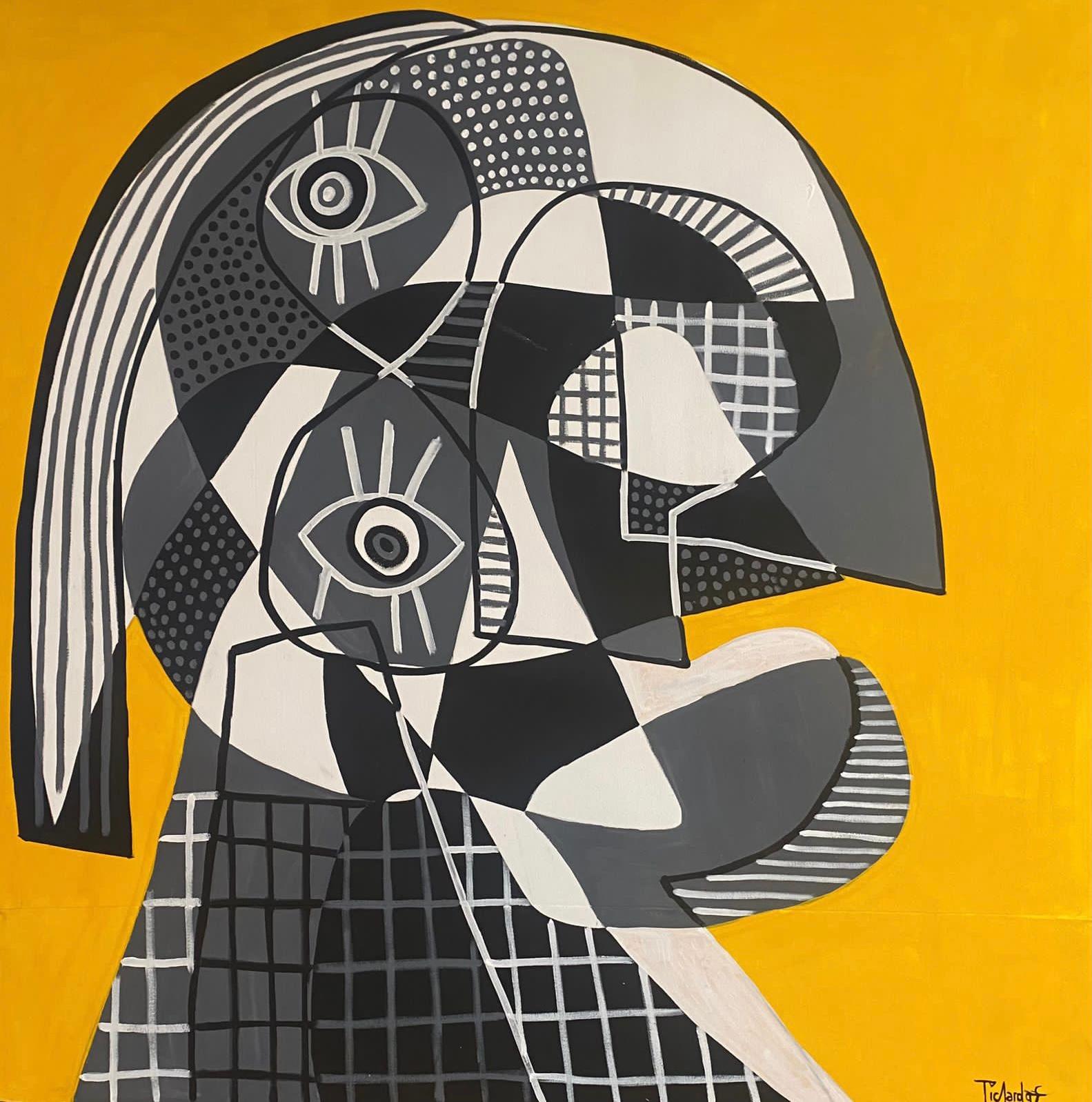 Abstract Painting Enrique Pichardo - Retrato en Fondo Amarillo, Art contemporain, Peinture abstraite, 21ème siècle