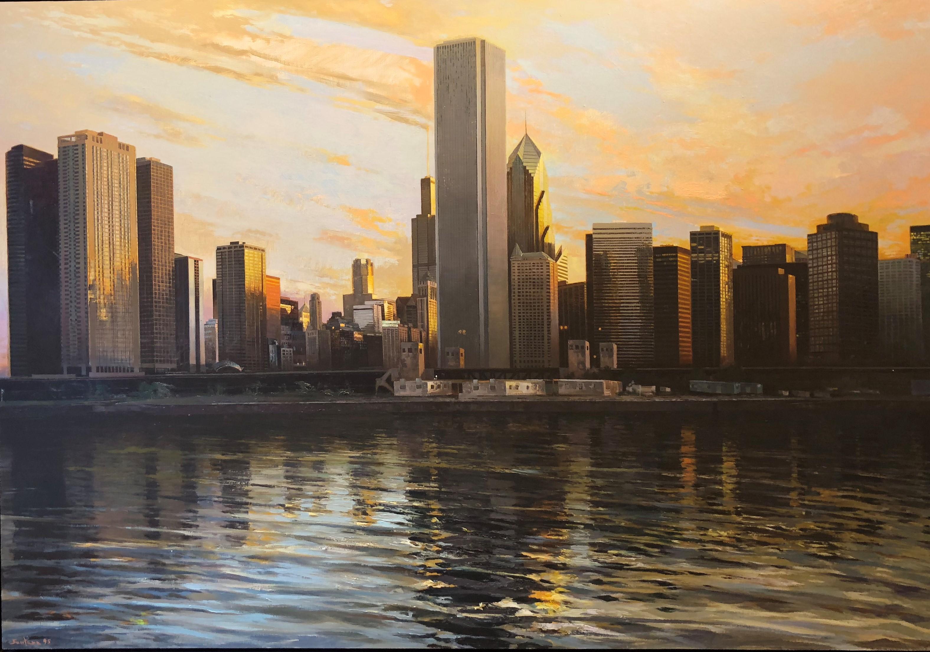 Enrique Santana Landscape Painting - Chicago, City View from Lake Michigan Looking North West, Oil on Canvas